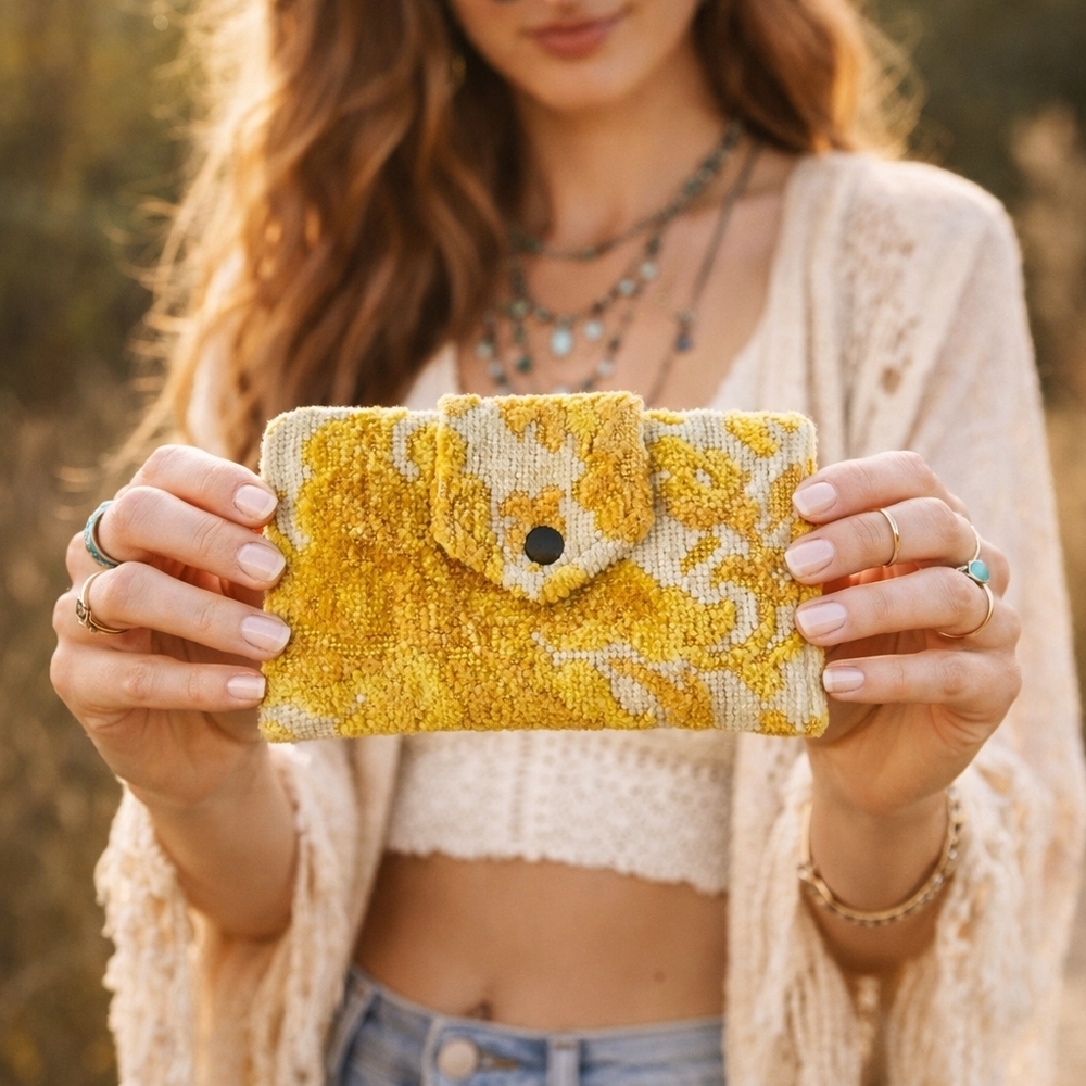 Vintage Chenille Carpet Yellow Floral Textured Tri-Fold Wallet